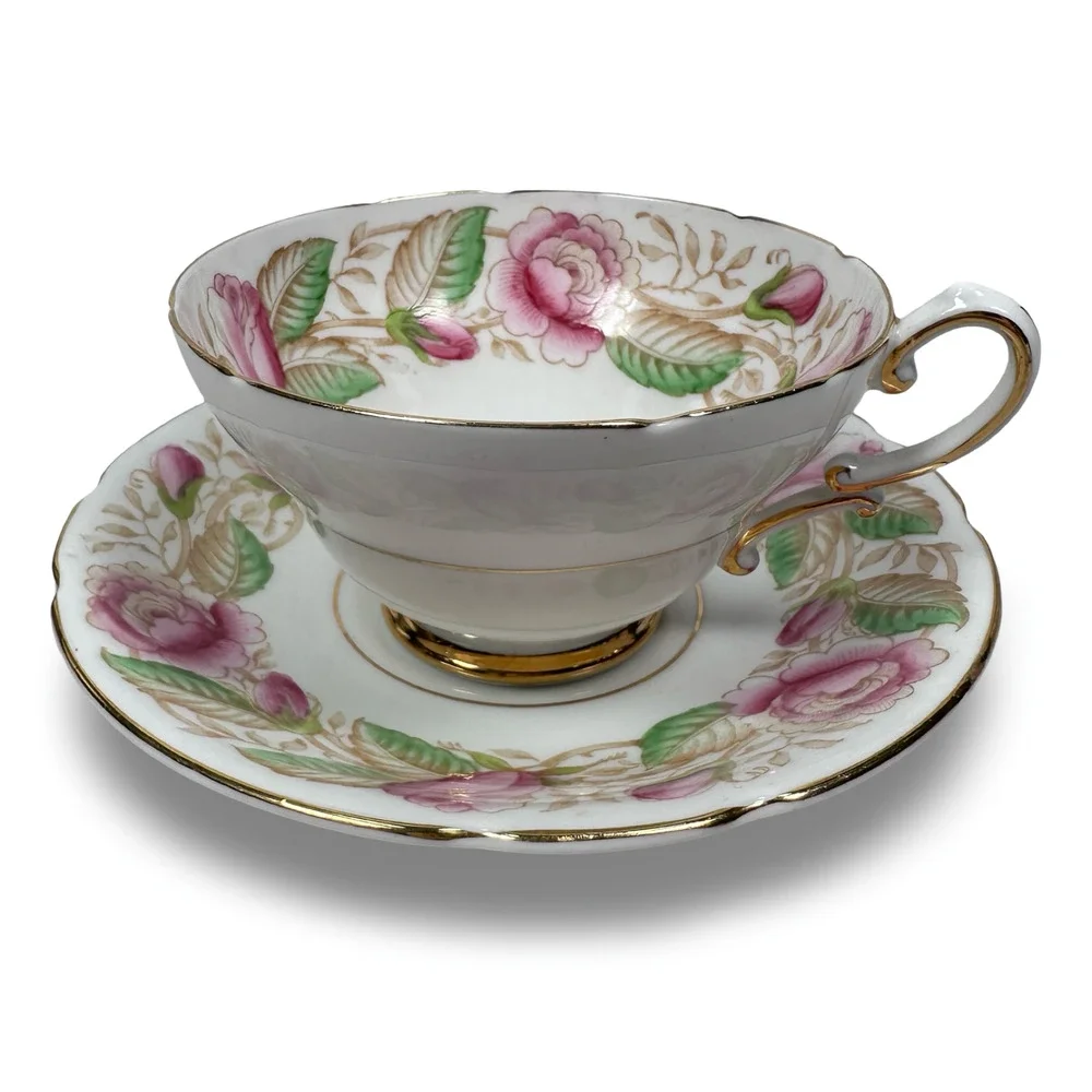 Vintage Stanley Teacup & Saucer White Rosalind Gold Trim Fine Bone China England